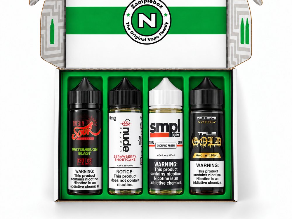 The Big Juice Box: four 120 ml bottles in the Zamplebox box