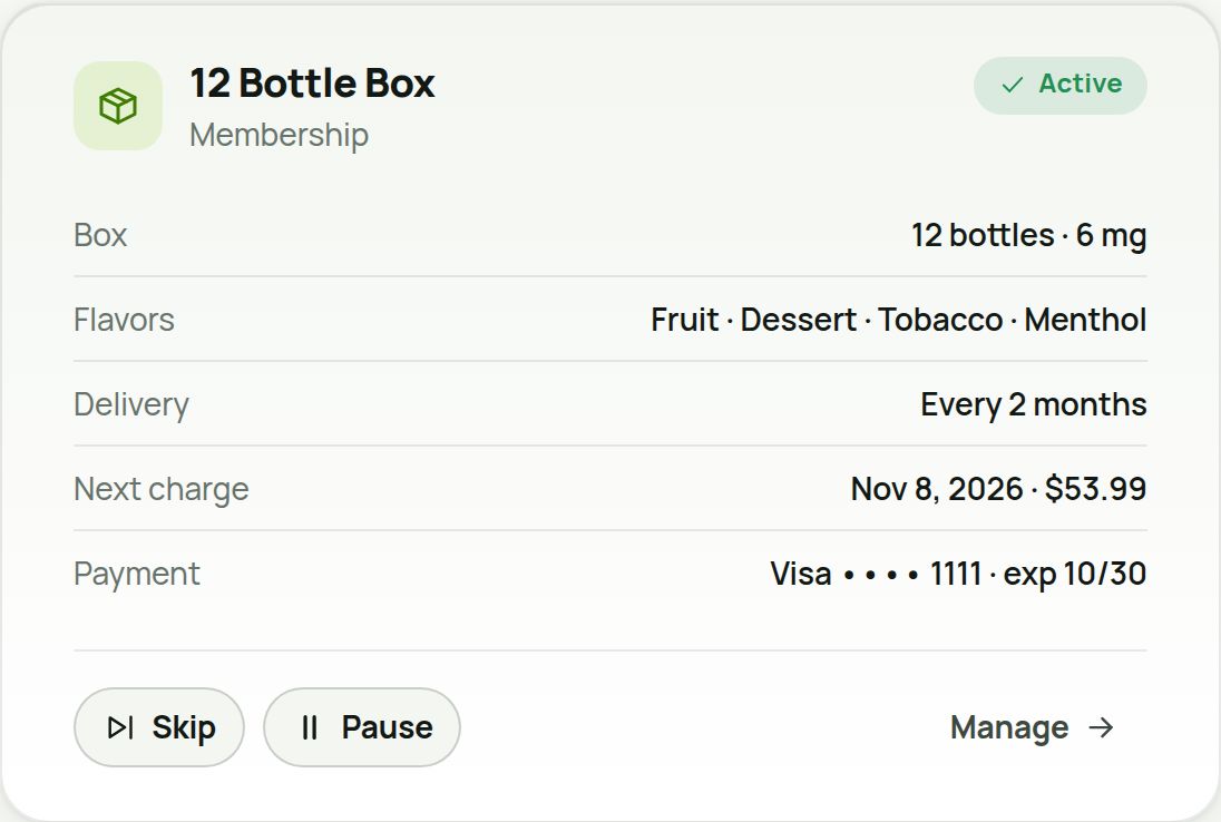 The membership card with Skip and Pause buttons and the next charge date